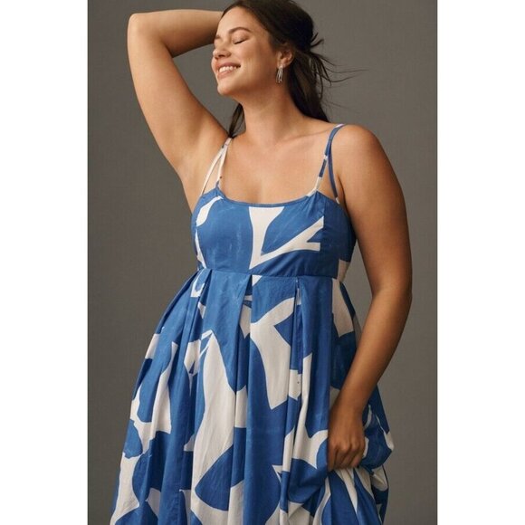 Anthropologie Sleeveless Babydoll Midi Maxi Dress Blue white 1X - Picture 3 of 3